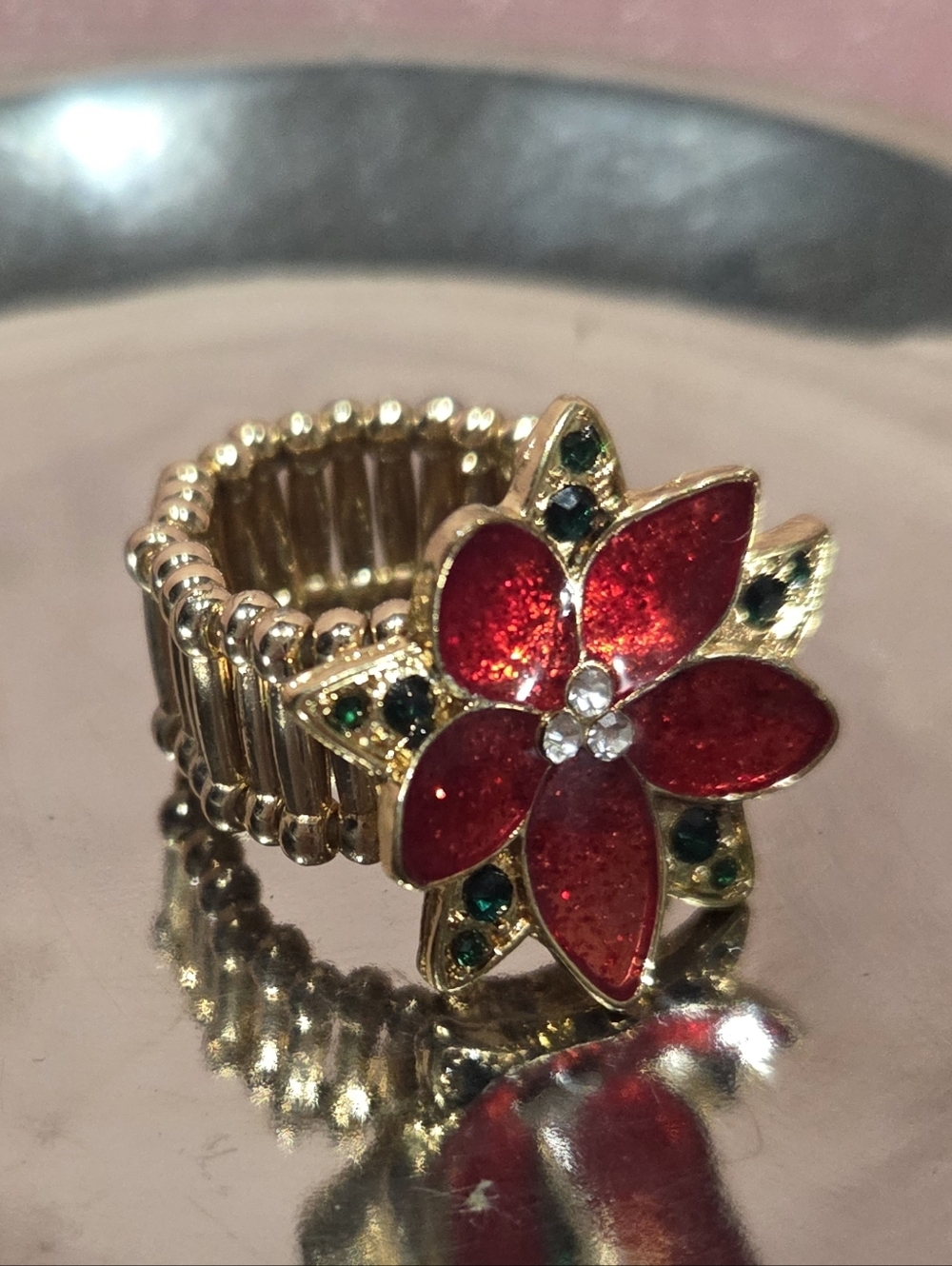 Faux Gold Floral Red Poinsettia Stretch Ring - Women Jewelry